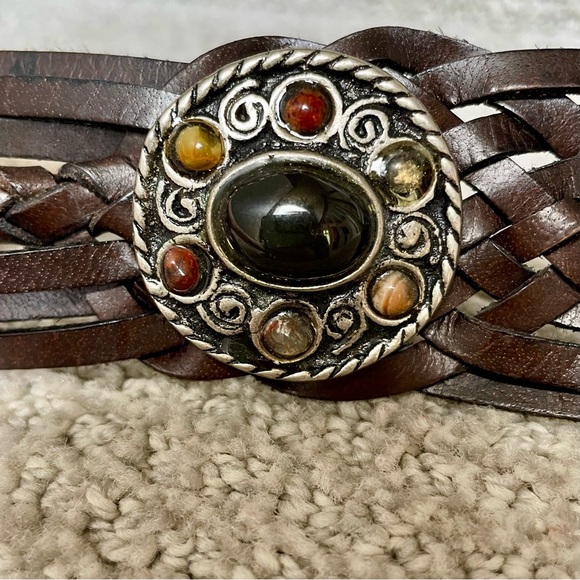 Vintage Dk Brown Braided Woven Concha's Stones Substantial Hardware Leather Belt - Picture 5 of 15